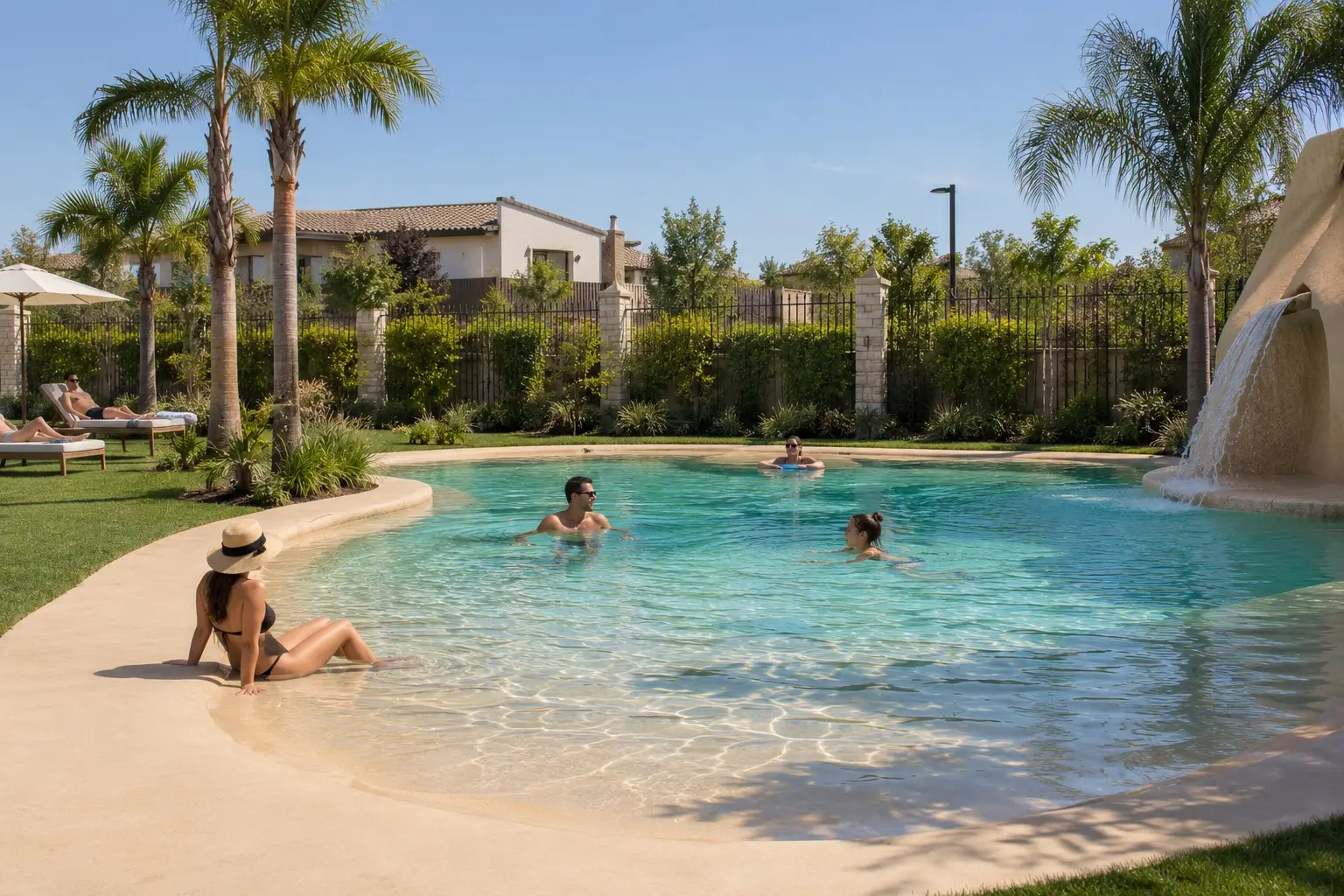 Piscina de arena tipo laguna con cascada y palmeras