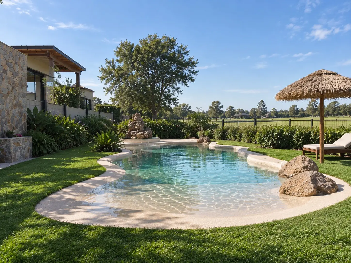 Piscina de arena de formas libres con rocas en un jardín amplio