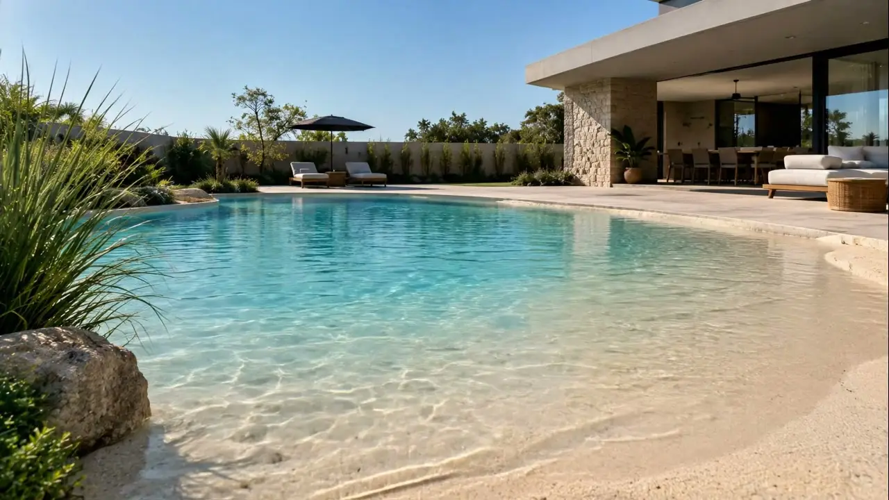 Piscina de arena con entrada tipo playa frente a una casa moderna