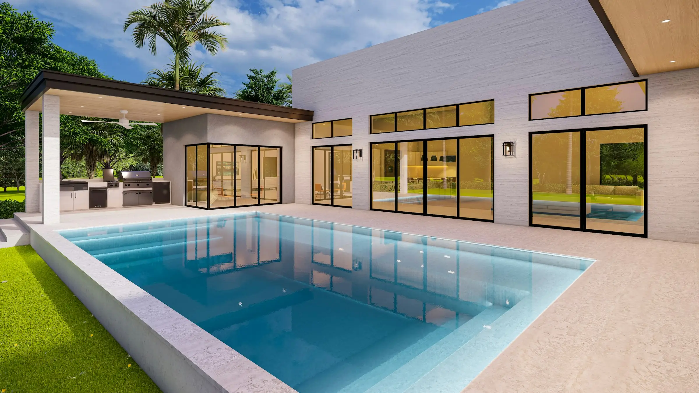 Piscina con escalinata amplia y sector playo frente a una casa moderna